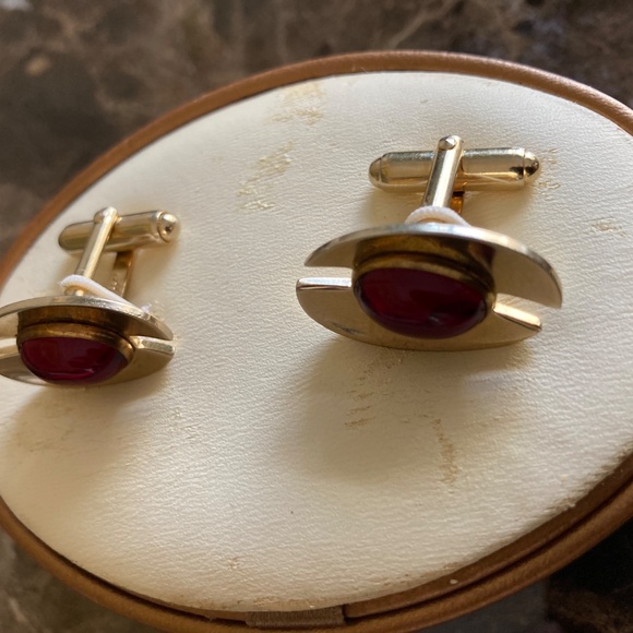 Vintage Anson Modernist Cufflinks – Red Lucite Cabochon – Mid Century Atomic Spa - Picture 6 of 6